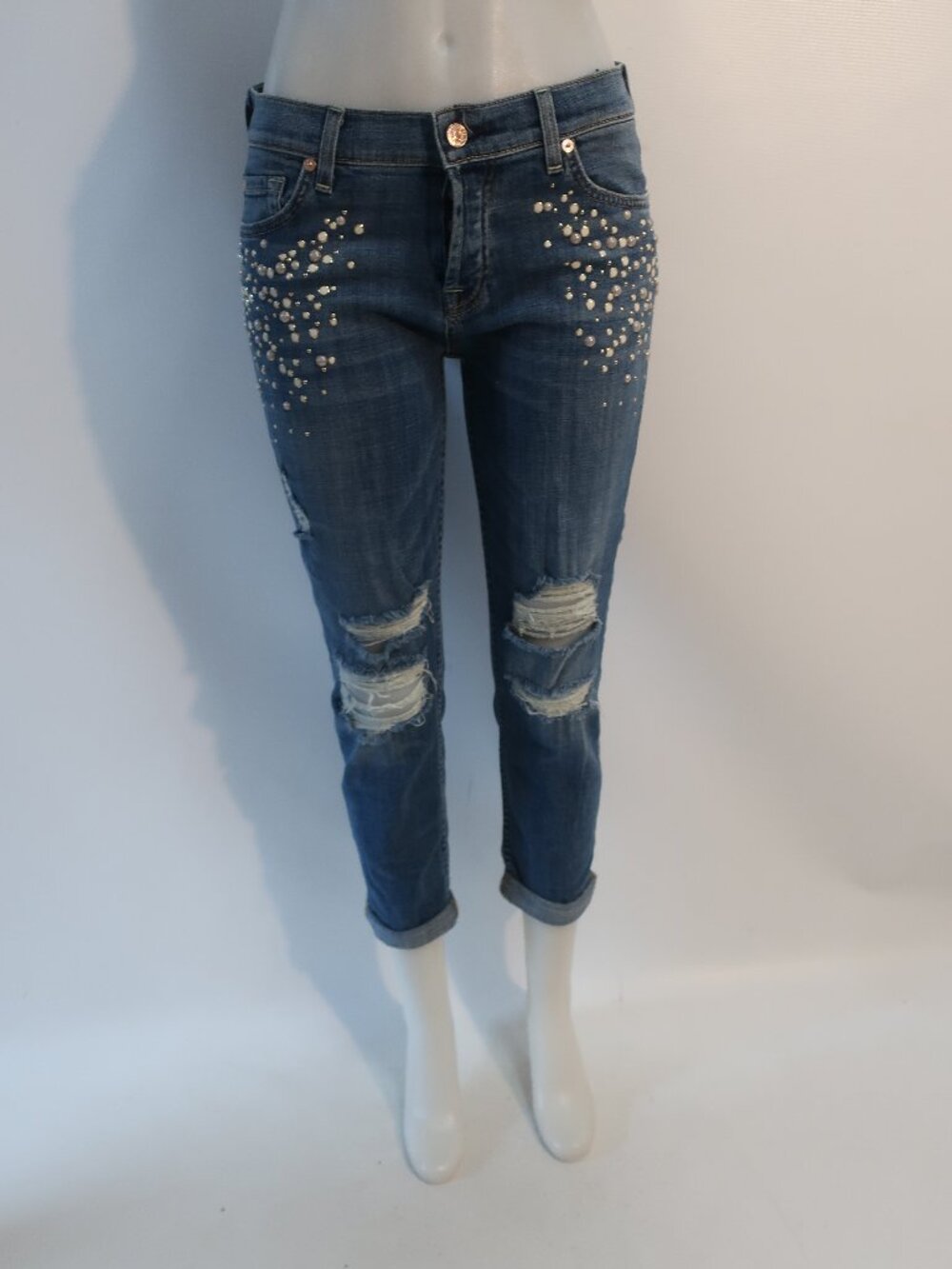 Womens 7 For All Mankind "Josefina" Blue Skinny Boyfriend Ivory Studded Jeans 26